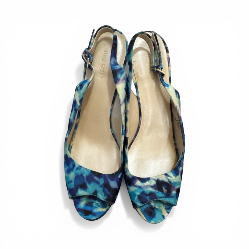 Nine West Blue Multi-Print Tie Dye Wild Print Peep-Toe Slingback Heels Size 10 - Picture 2 of 10
